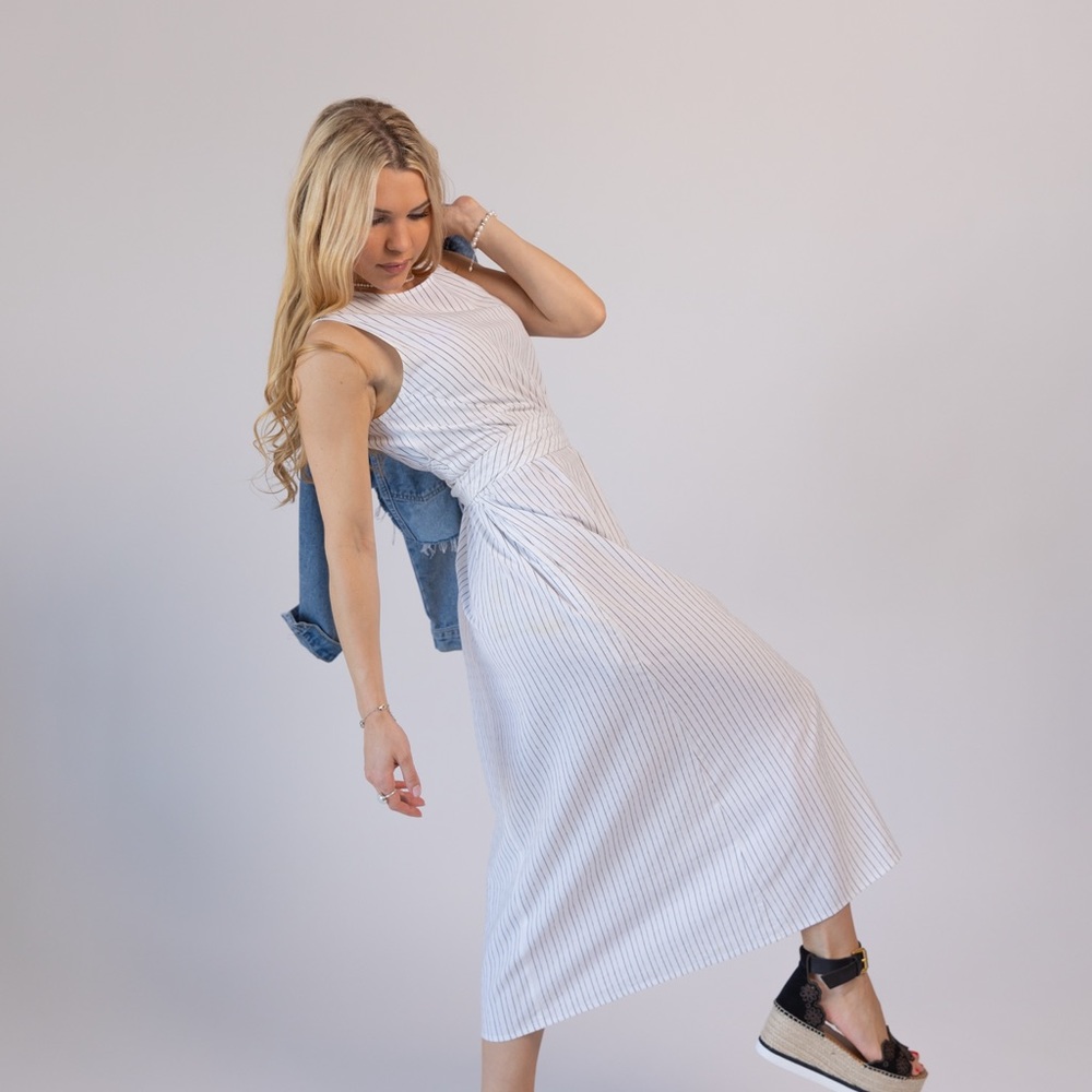 WHITE STRIPED DRESS, casual cotton vintage dress. belted boho midi white. Size M